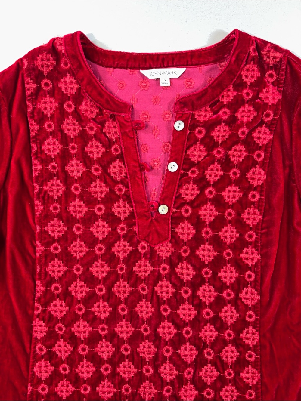 John Mark Red Velvet Embroidered Tunic Top Boho Roll Tab Sleeve Holiday Romantic